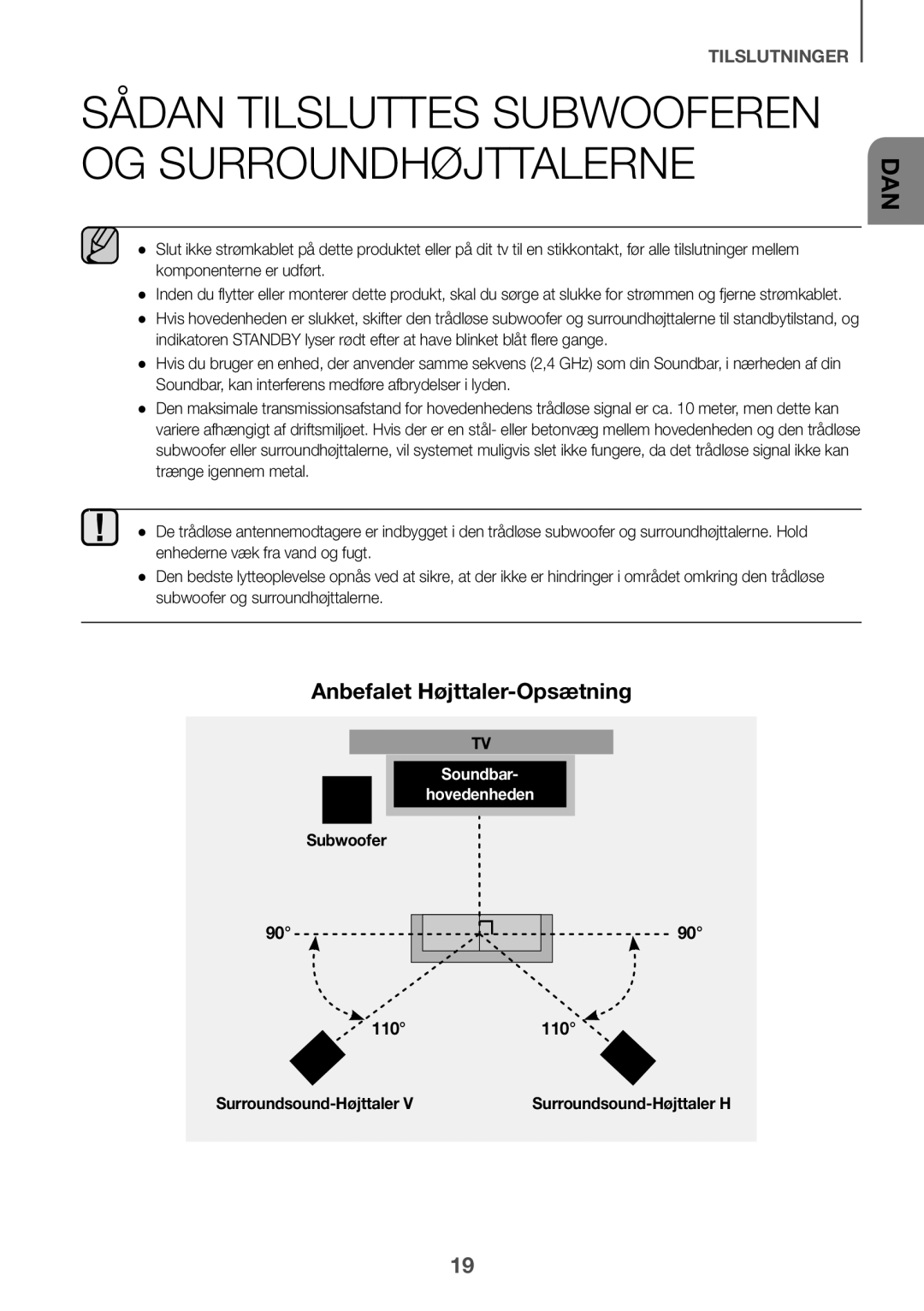 Samsung HW-K960/XE manual Sådan tilsluttes Subwooferen og Surroundhøjttalerne, Anbefalet Højttaler-Opsætning 