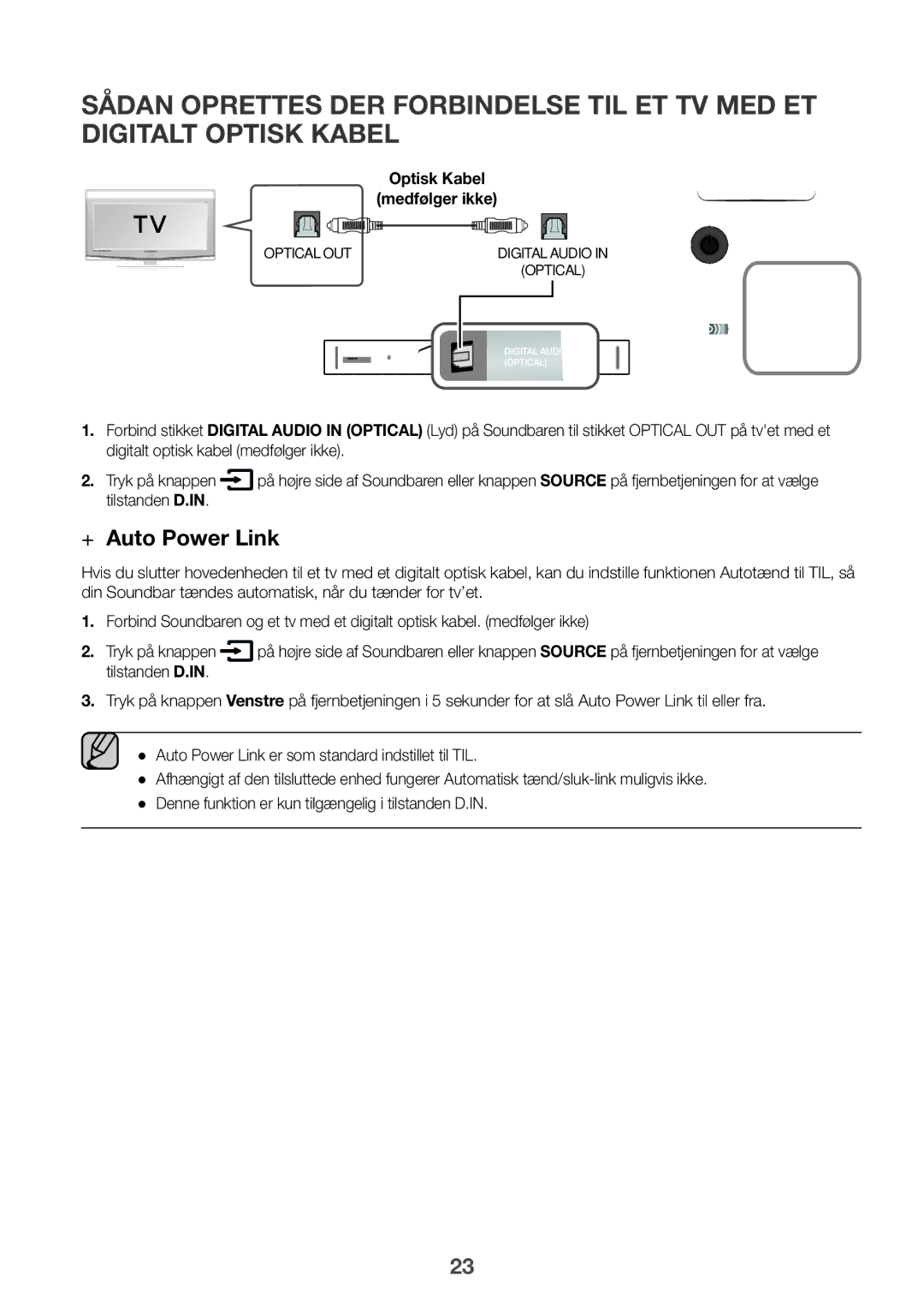 Samsung HW-K960/XE manual ++Auto Power Link, Optisk Kabel Medfølger ikke 