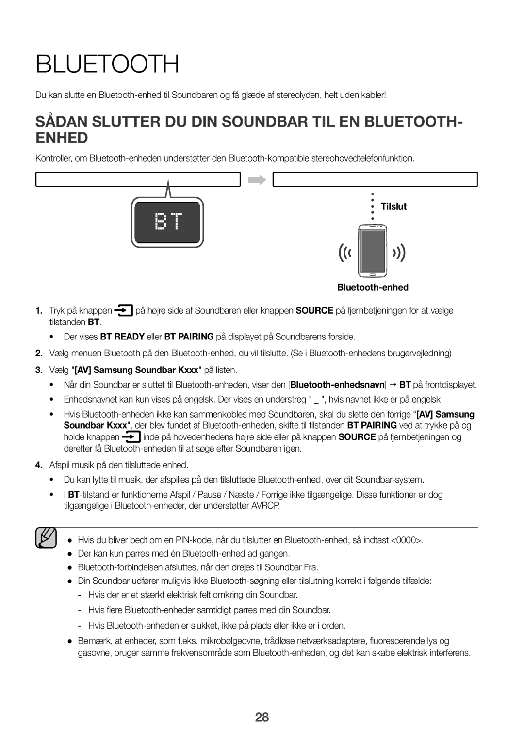 Samsung HW-K960/XE manual Sådan slutter du din Soundbar til en Bluetooth- enhed, Tilslut Bluetooth-enhed Tryk på knappen 