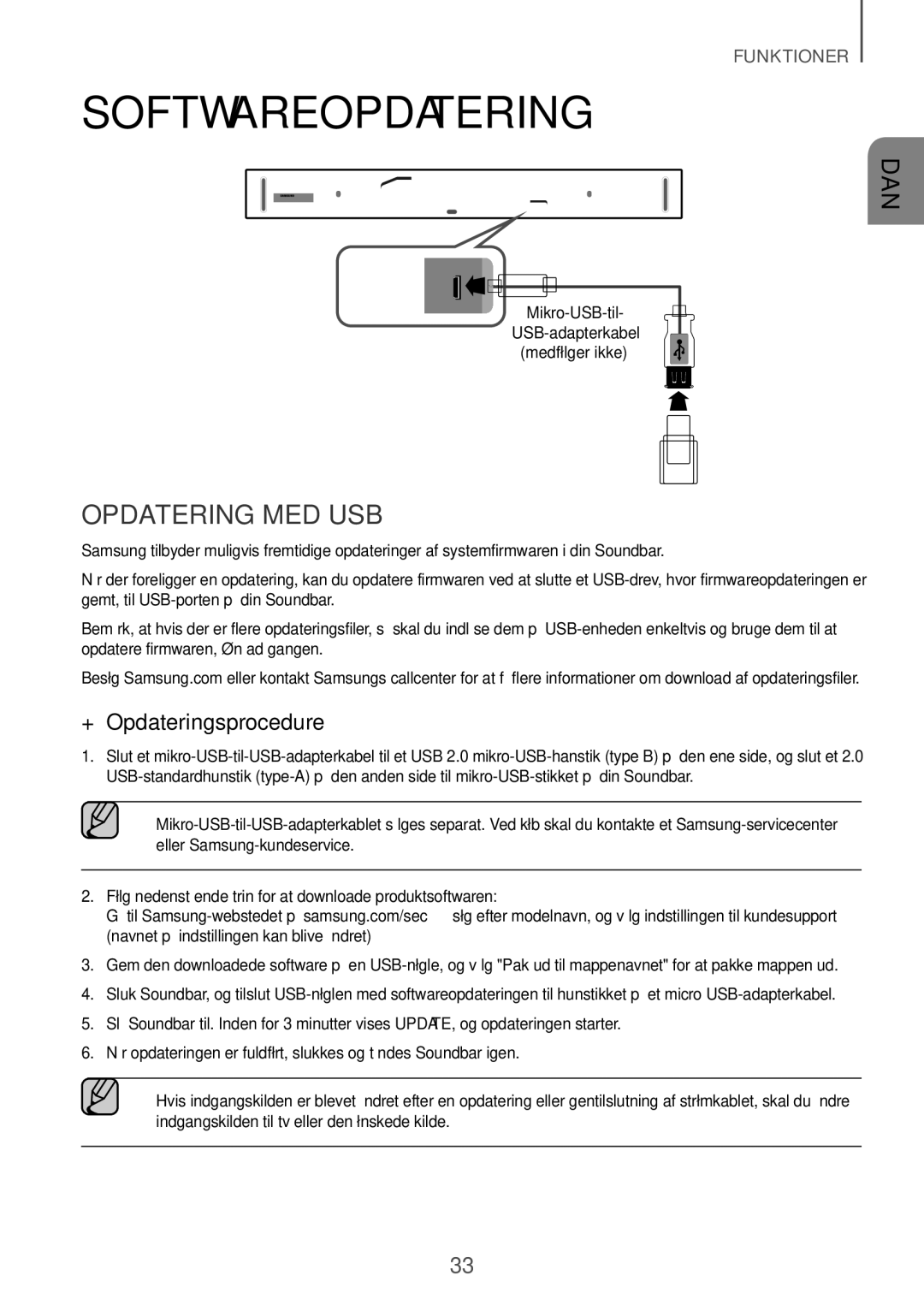 Samsung HW-K960/XE manual Softwareopdatering, Opdatering med USB, ++Opdateringsprocedure 