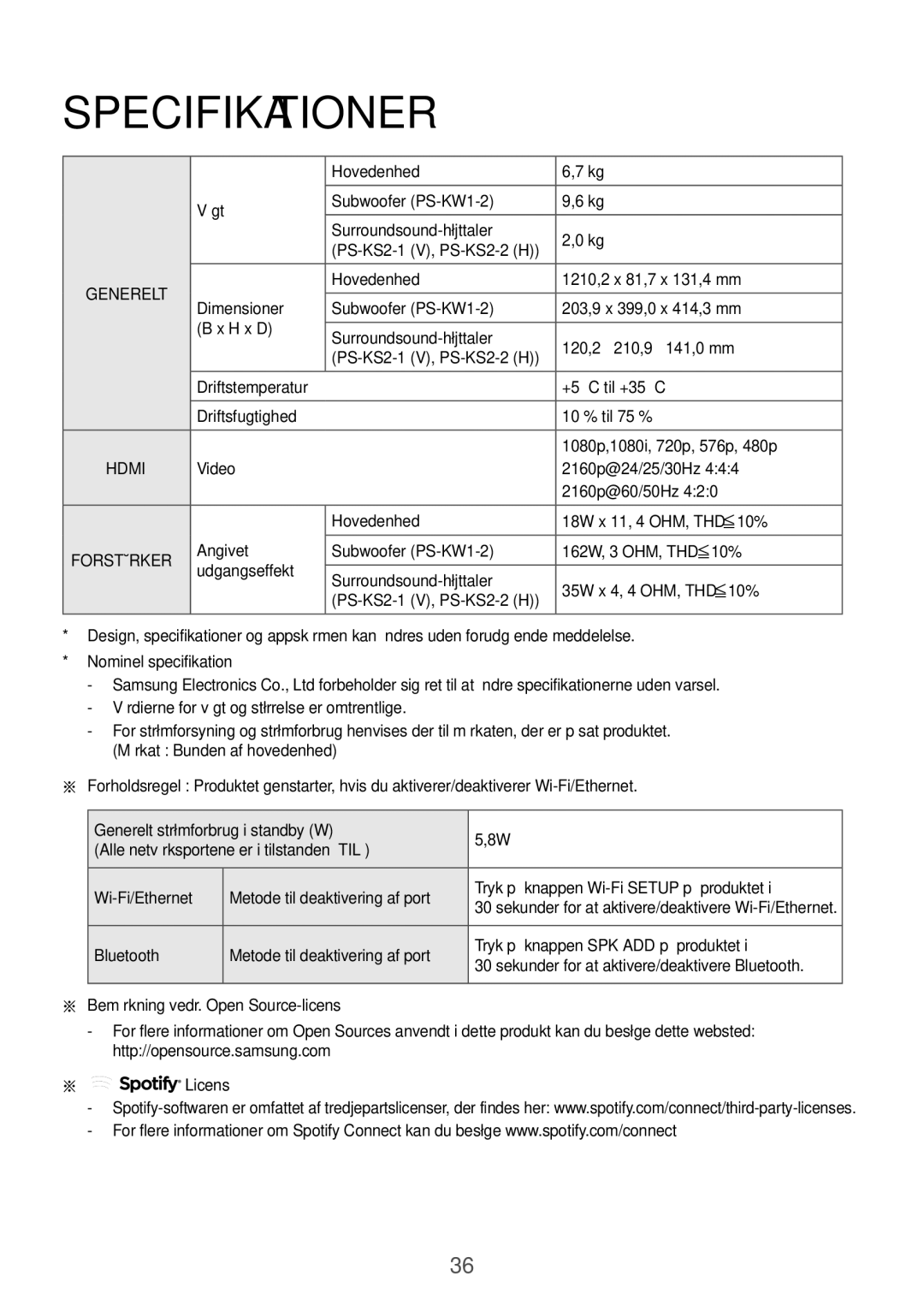 Samsung HW-K960/XE manual Specifikationer 