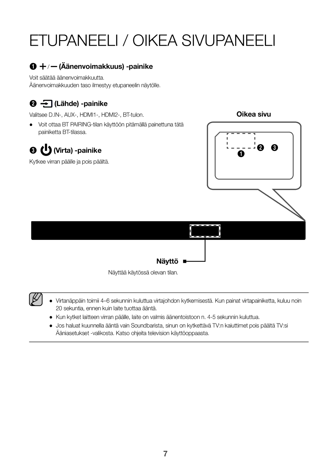 Samsung HW-K960/XE manual Etupaneeli / oikea sivupaneeli, Valitsee D.IN-, AUX-, HDMI1-, HDMI2-, BT-tulon 