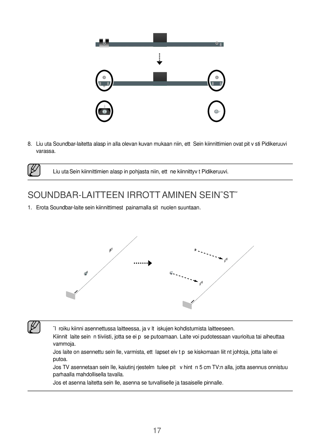 Samsung HW-K960/XE manual Soundbar-laitteen irrottaminen seinästä 