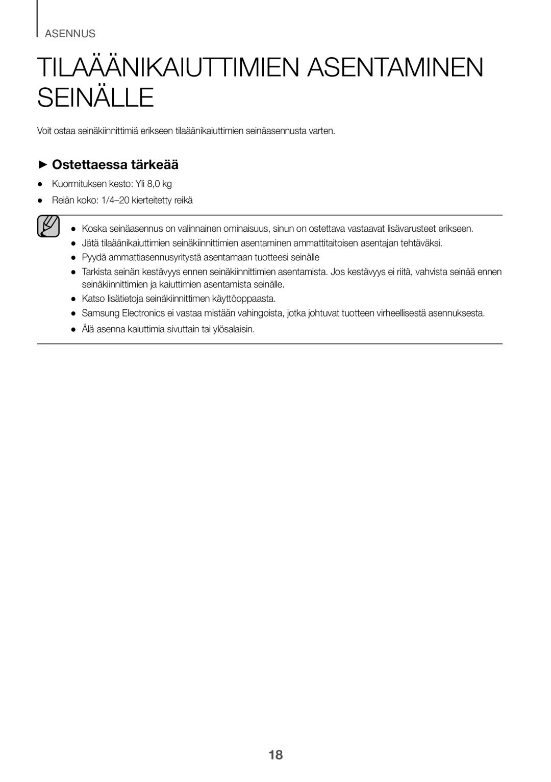 Samsung HW-K960/XE manual Tilaäänikaiuttimien asentaminen seinälle, ++Ostettaessa tärkeää 