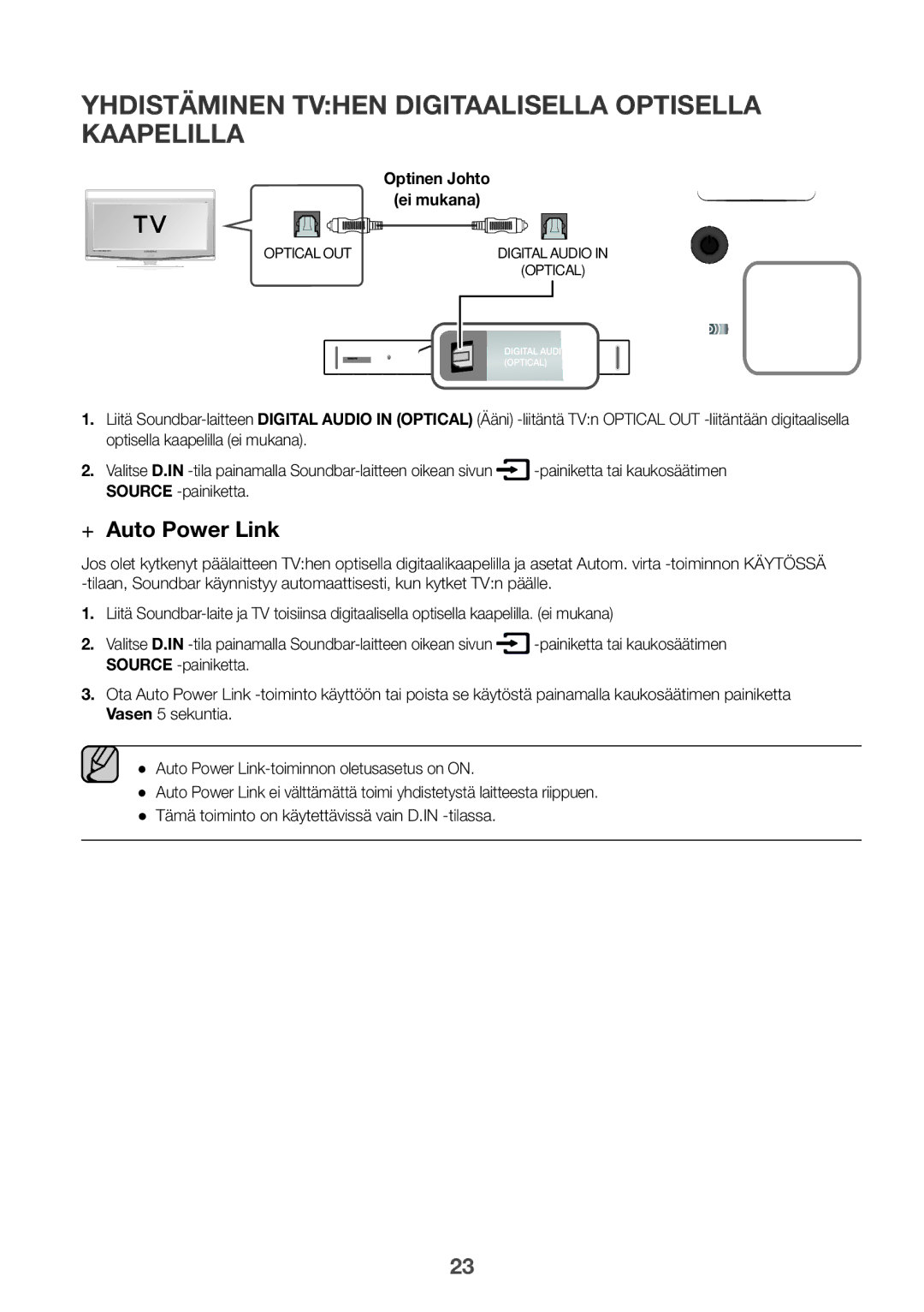 Samsung HW-K960/XE manual Yhdistäminen TVhen digitaalisella optisella kaapelilla, Optinen Johto Ei mukana 