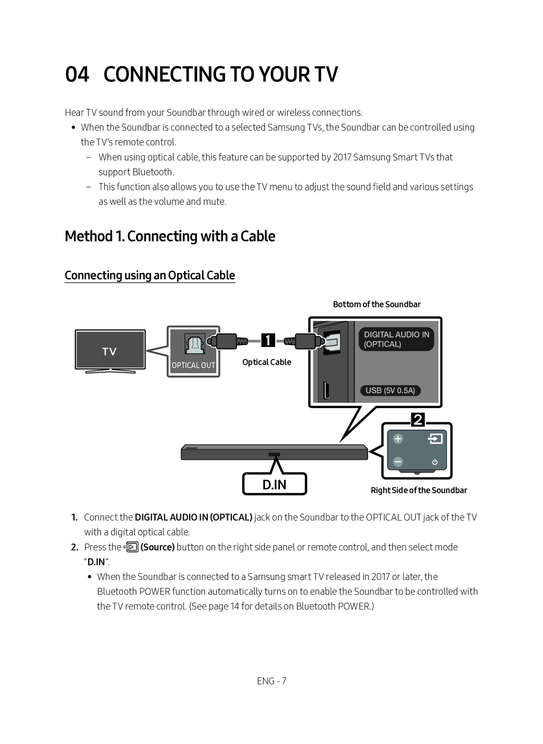 Samsung HW-M360/ZF, HW-M360/EN Connecting to Your TV, Method 1. Connecting with a Cable, Connecting using an Optical Cable 