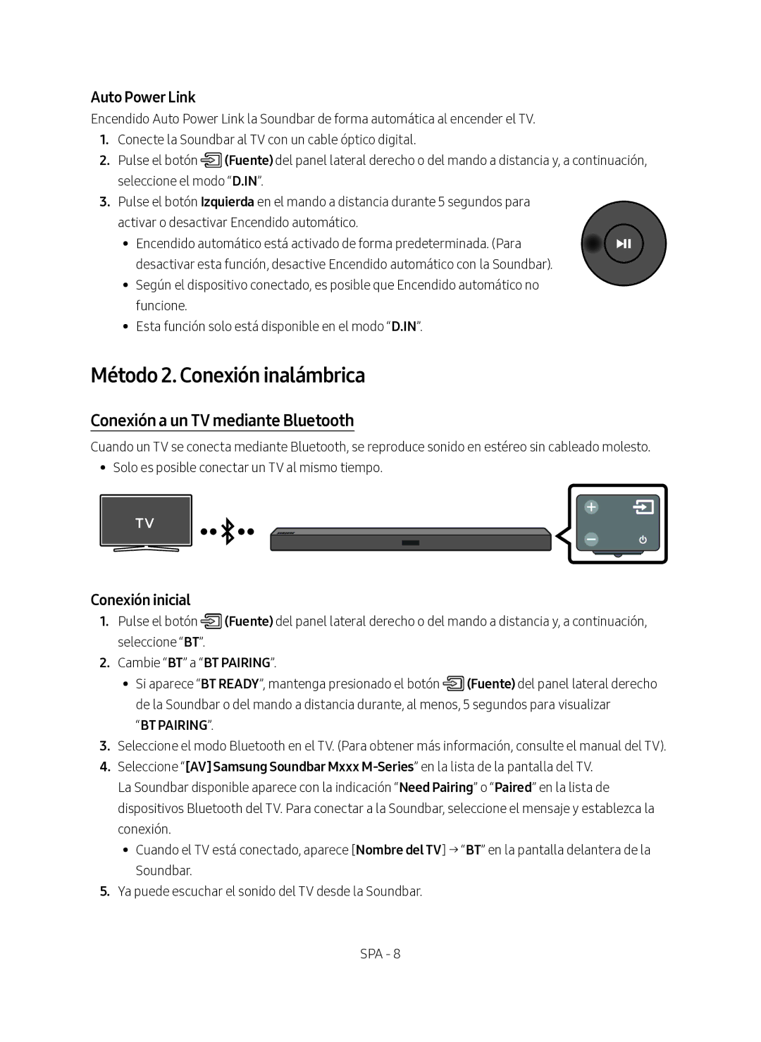 Samsung HW-M360/ZF, HW-M360/EN manual Método 2. Conexión inalámbrica, Conexión a un TV mediante Bluetooth, Conexión inicial 