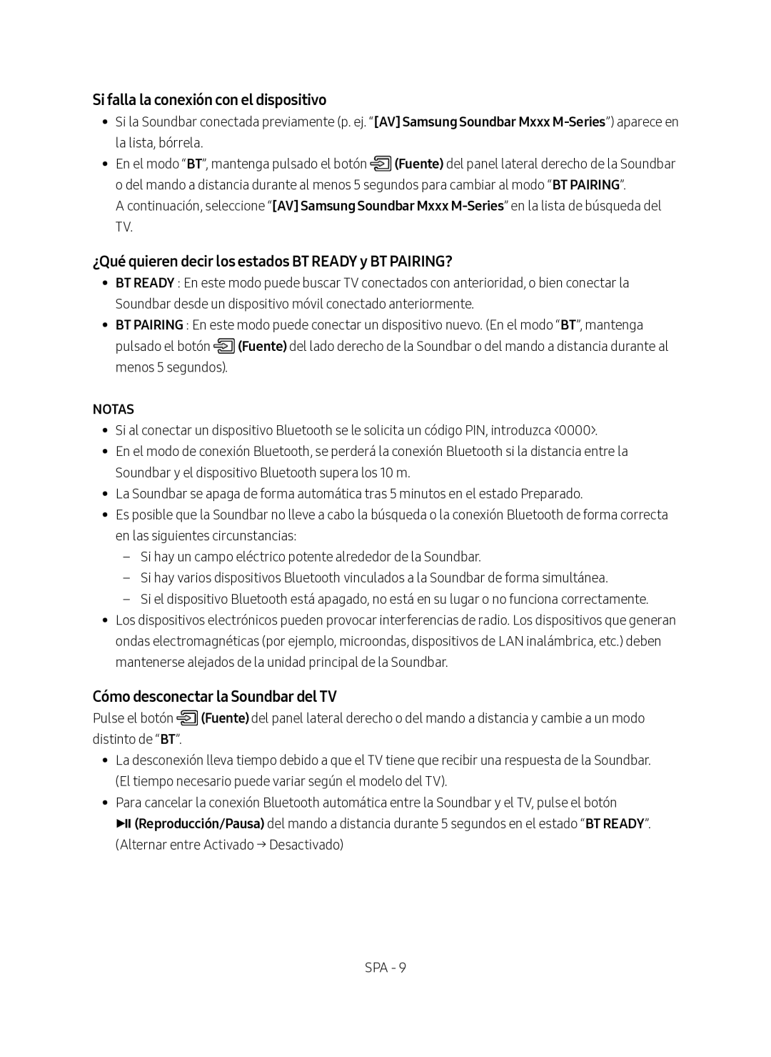 Samsung HW-M360/EN manual Si falla la conexión con el dispositivo, ¿Qué quieren decir los estados BT Ready y BT PAIRING? 