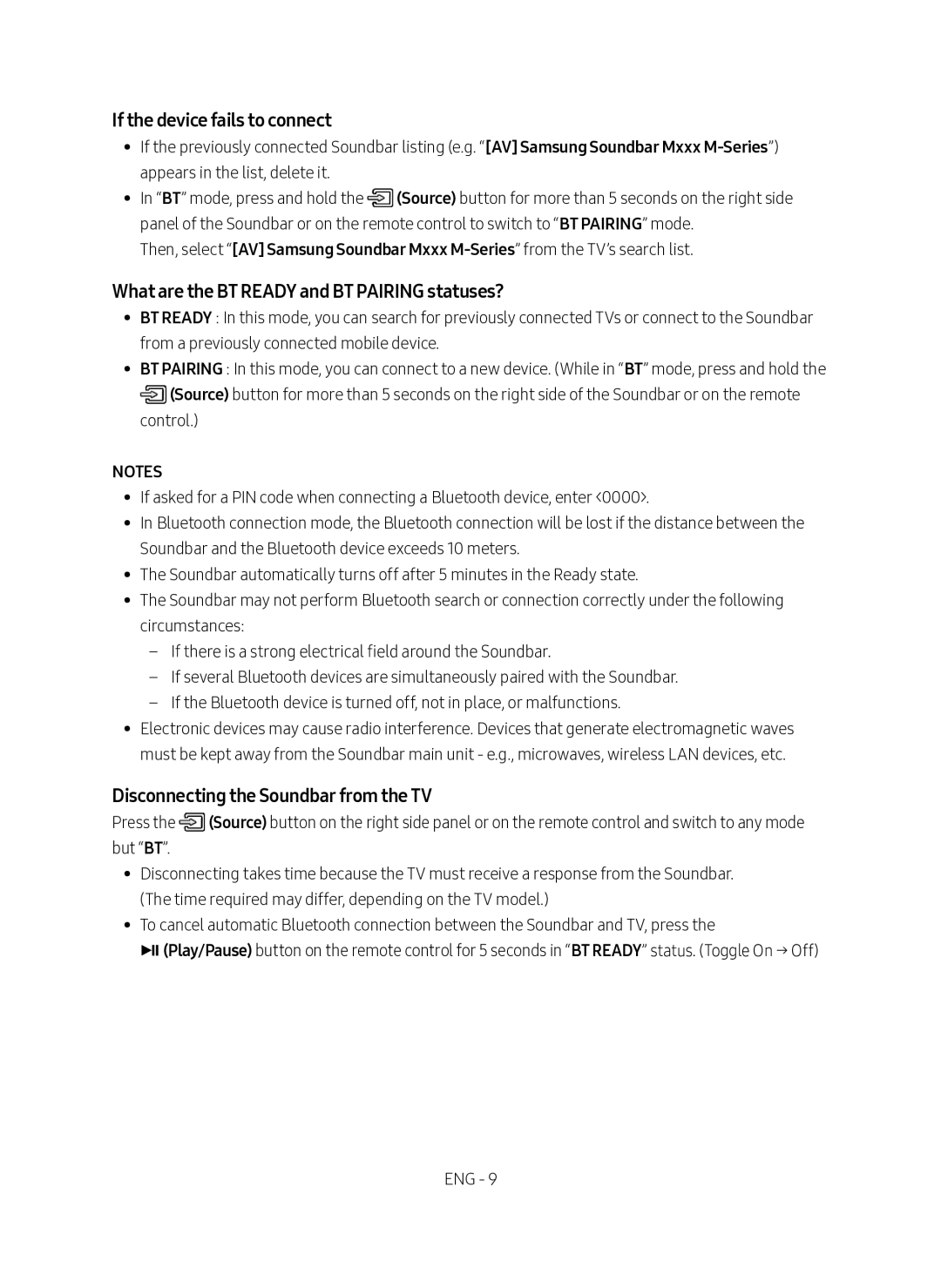 Samsung HW-M360/ZG, HW-M360/EN, HW-M360/ZF If the device fails to connect, What are the BT Ready and BT Pairing statuses? 