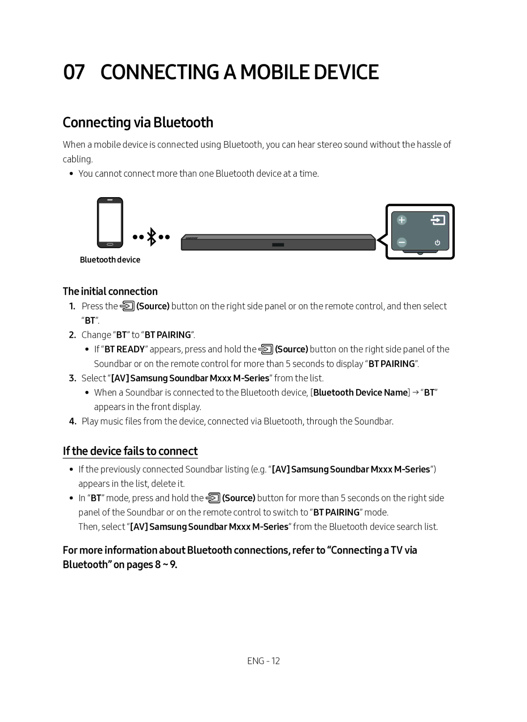 Samsung HW-M360/ZG Connecting a Mobile Device, Connecting via Bluetooth, If the device fails to connect, Bluetooth device 