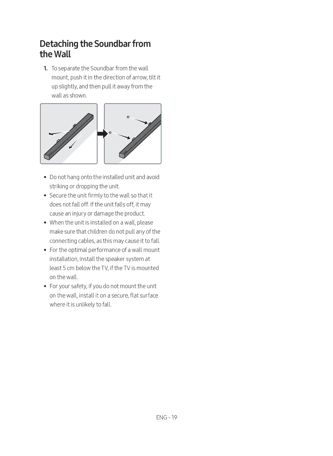 Samsung HW-M360/ZF, HW-M360/EN, HW-M360/ZG manual Detaching the Soundbar from the Wall 