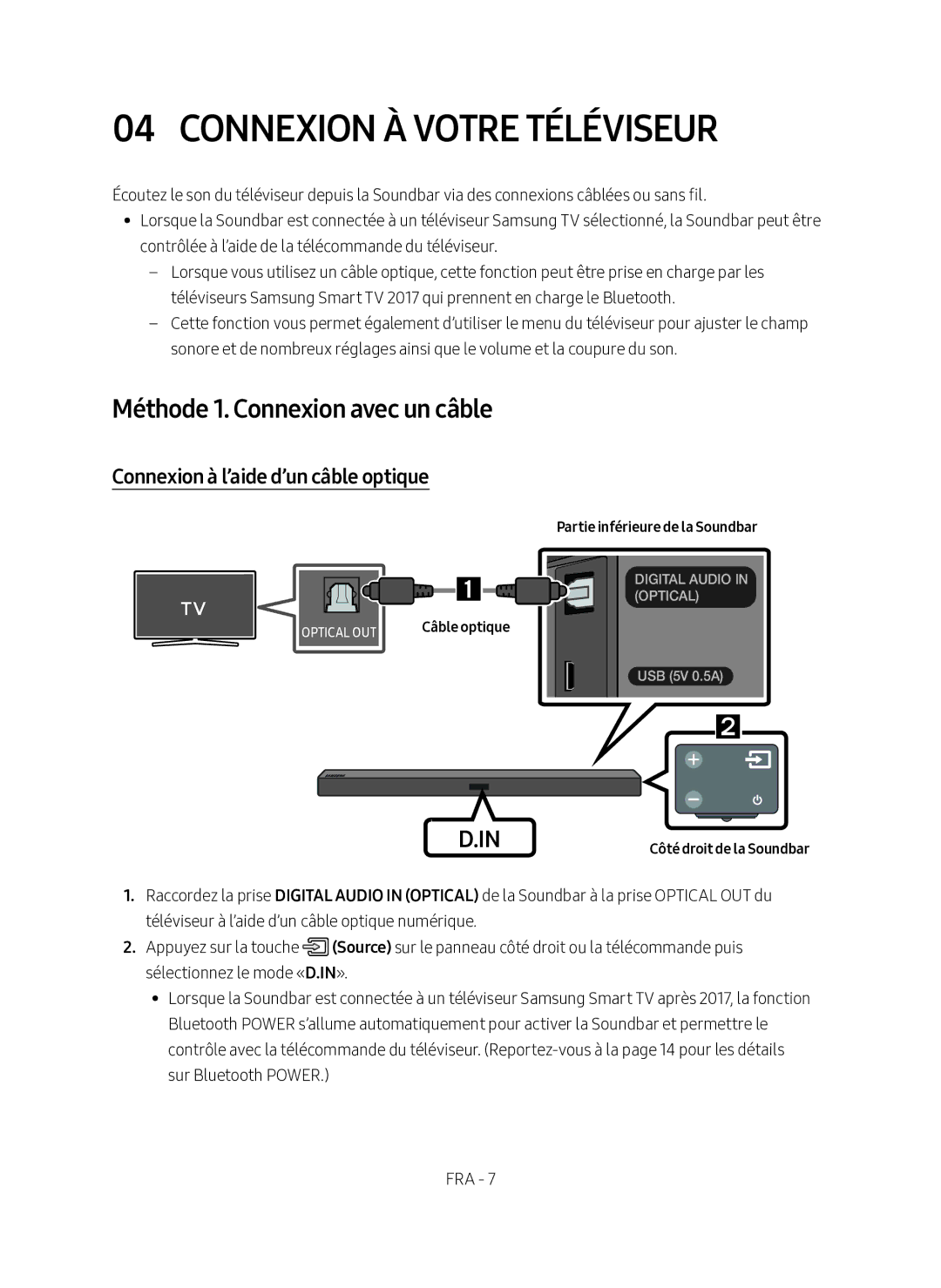 Samsung HW-M360/ZG Connexion À Votre Téléviseur, Méthode 1. Connexion avec un câble, Connexion à l’aide d’un câble optique 