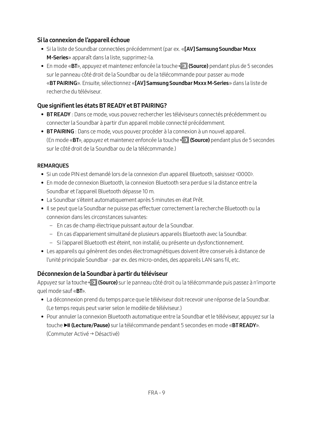 Samsung HW-M360/EN, HW-M360/ZG manual Si la connexion de l’appareil échoue, Que signifient les états BT Ready et BT PAIRING? 