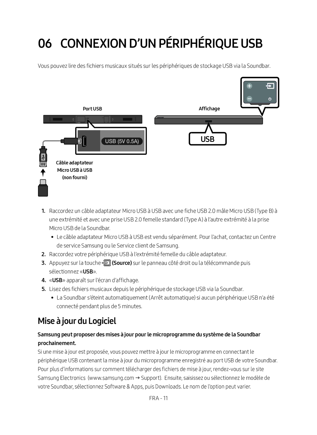 Samsung HW-M360/ZF, HW-M360/EN, HW-M360/ZG Connexion D’UN Périphérique USB, Mise à jour du Logiciel, Port USB Affichage 