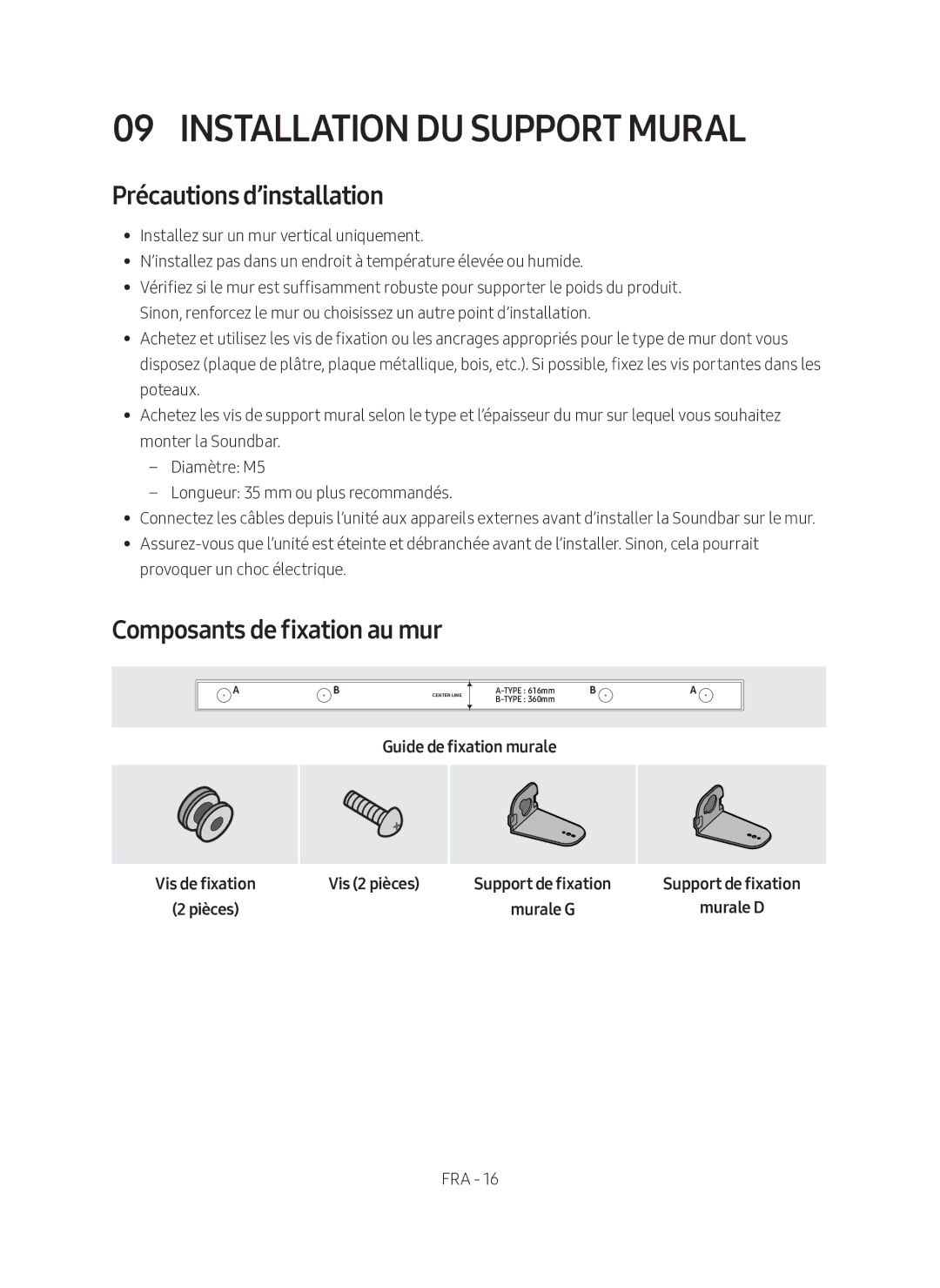 Samsung HW-M360/ZG manual Installation DU Support Mural, Précautions d’installation, Composants de fixation au mur, Pièces 
