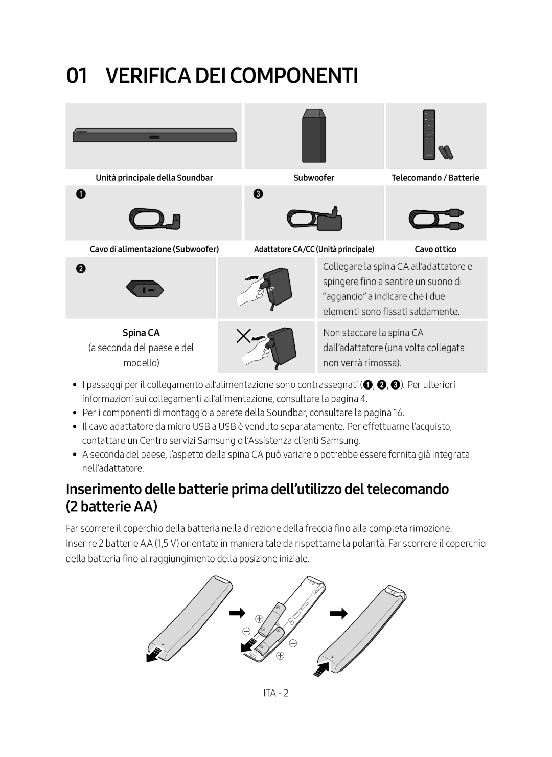 Samsung HW-M360/ZG, HW-M360/EN, HW-M360/ZF manual Verifica DEI Componenti, Unità principale della Soundbar Subwoofer 