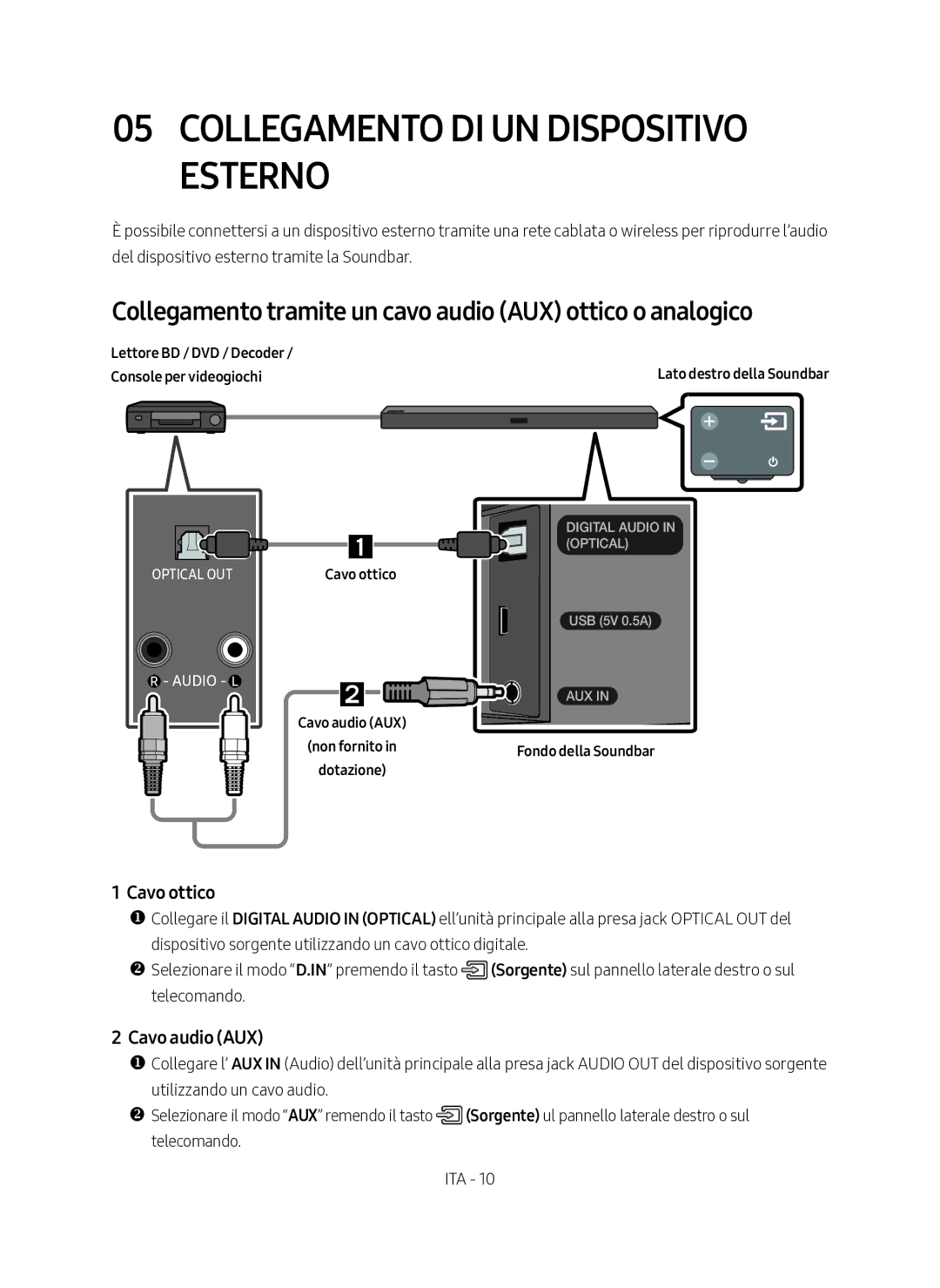 Samsung HW-M360/EN manual Collegamento DI UN Dispositivo Esterno, Collegamento tramite un cavo audio AUX ottico o analogico 