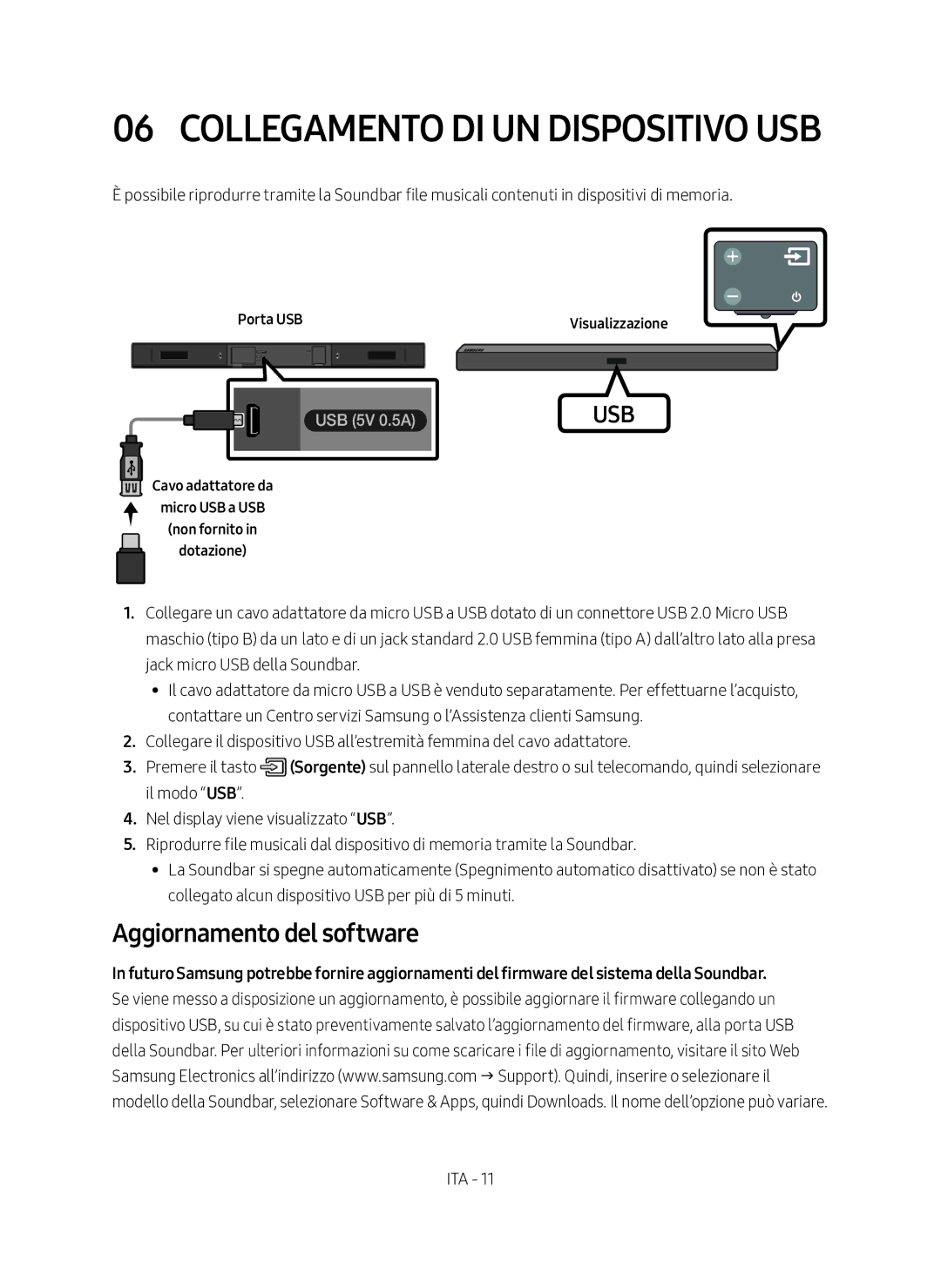 Samsung HW-M360/ZG, HW-M360/EN, HW-M360/ZF manual Aggiornamento del software, Porta USB Visualizzazione 