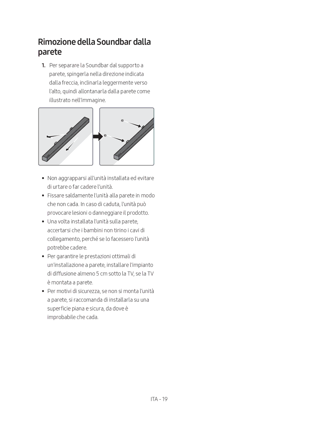 Samsung HW-M360/EN, HW-M360/ZG, HW-M360/ZF manual Rimozione della Soundbar dalla parete 