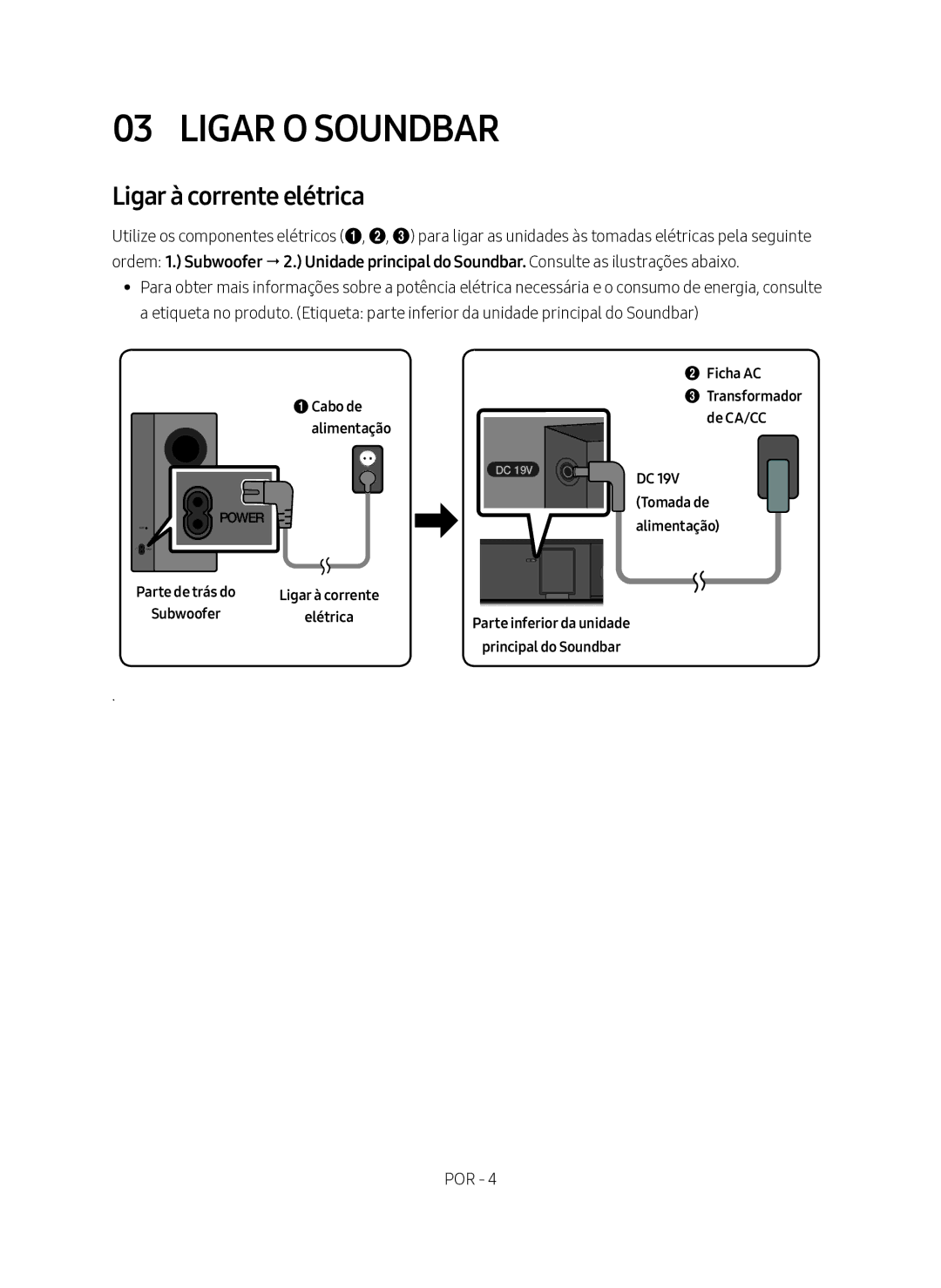 Samsung HW-M360/ZF, HW-M360/EN, HW-M360/ZG manual Ligar O Soundbar, Ligar à corrente elétrica 