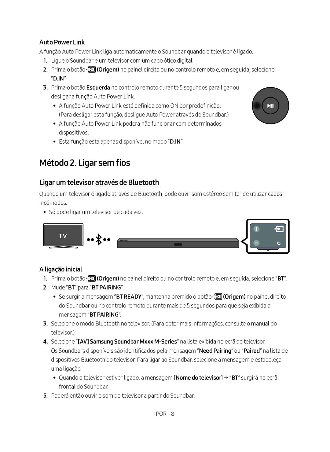 Samsung HW-M360/EN, HW-M360/ZG manual Método 2. Ligar sem fios, Ligar um televisor através de Bluetooth, Ligação inicial 