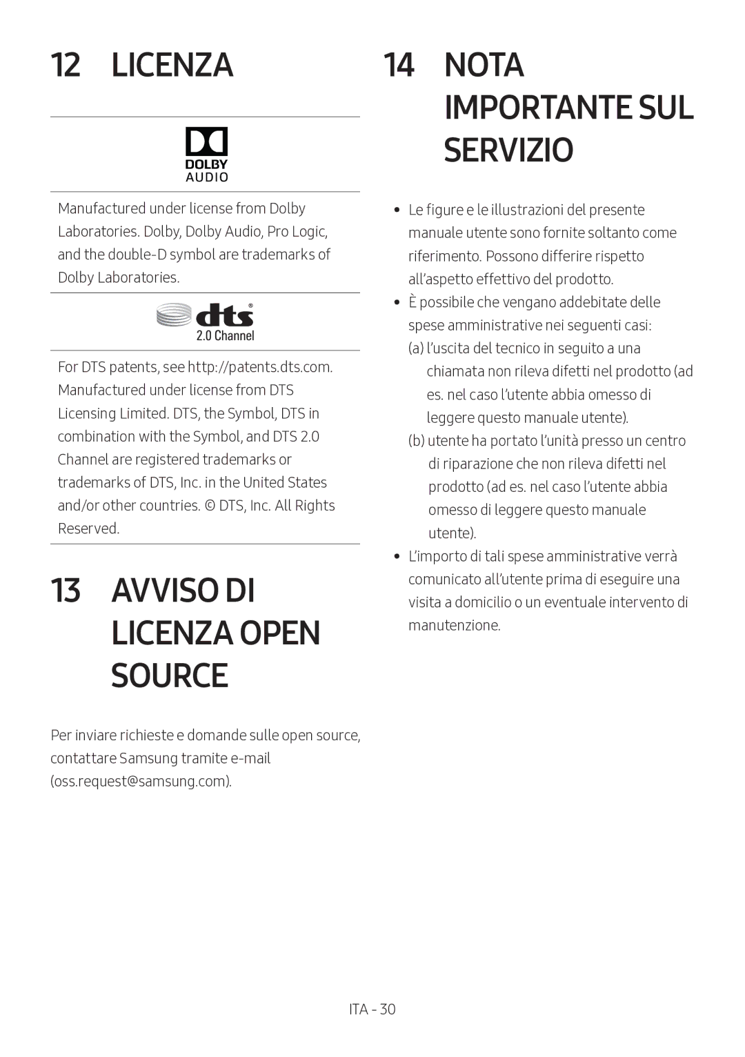 Samsung HW-M360/ZF, HW-M360/EN, HW-M360/ZG manual Licenza Nota, Servizio 