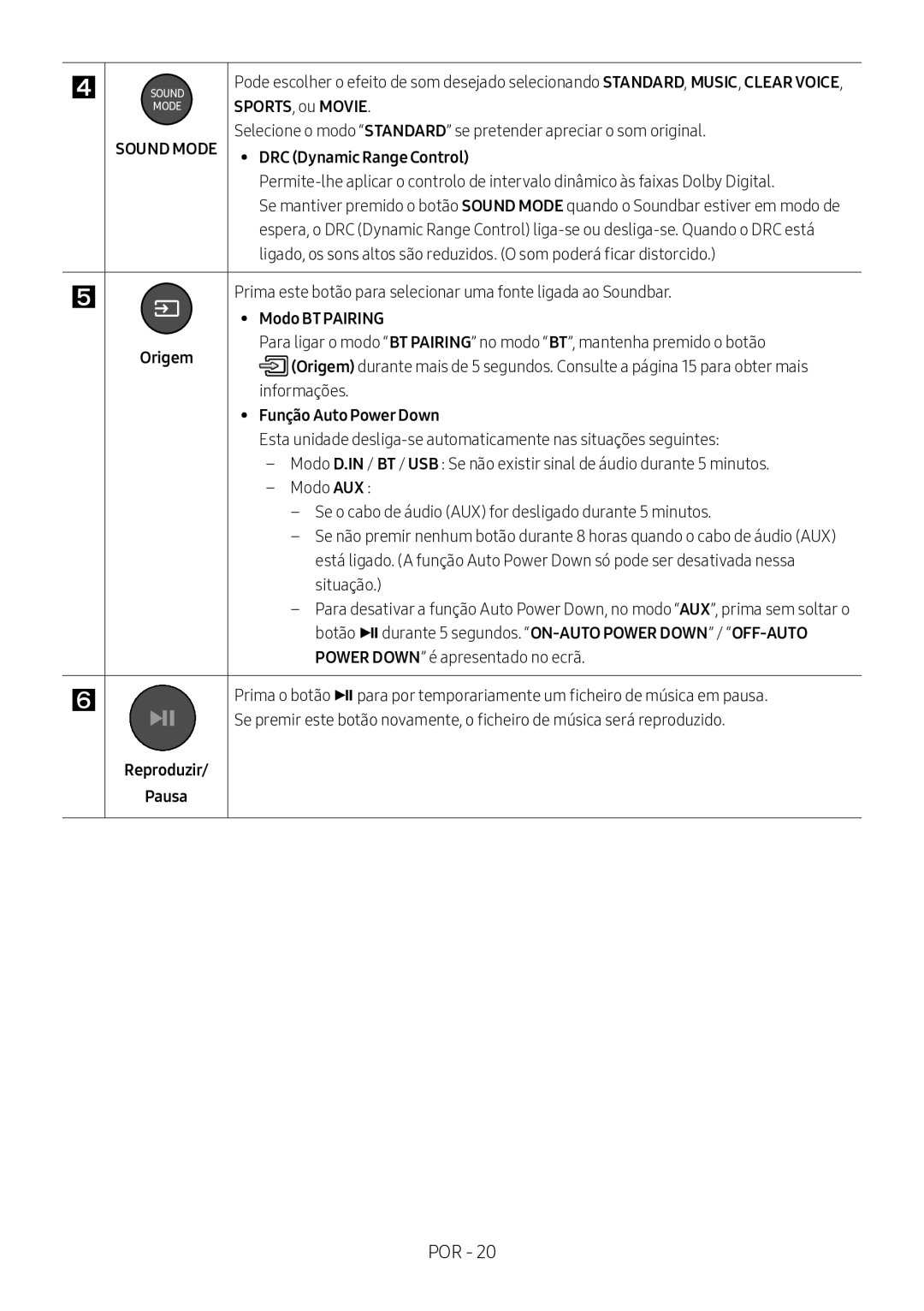 Samsung HW-M360/EN, HW-M360/ZG SPORTS, ou Movie, Modo BT Pairing, Informações, Função Auto Power Down, Reproduzir Pausa 