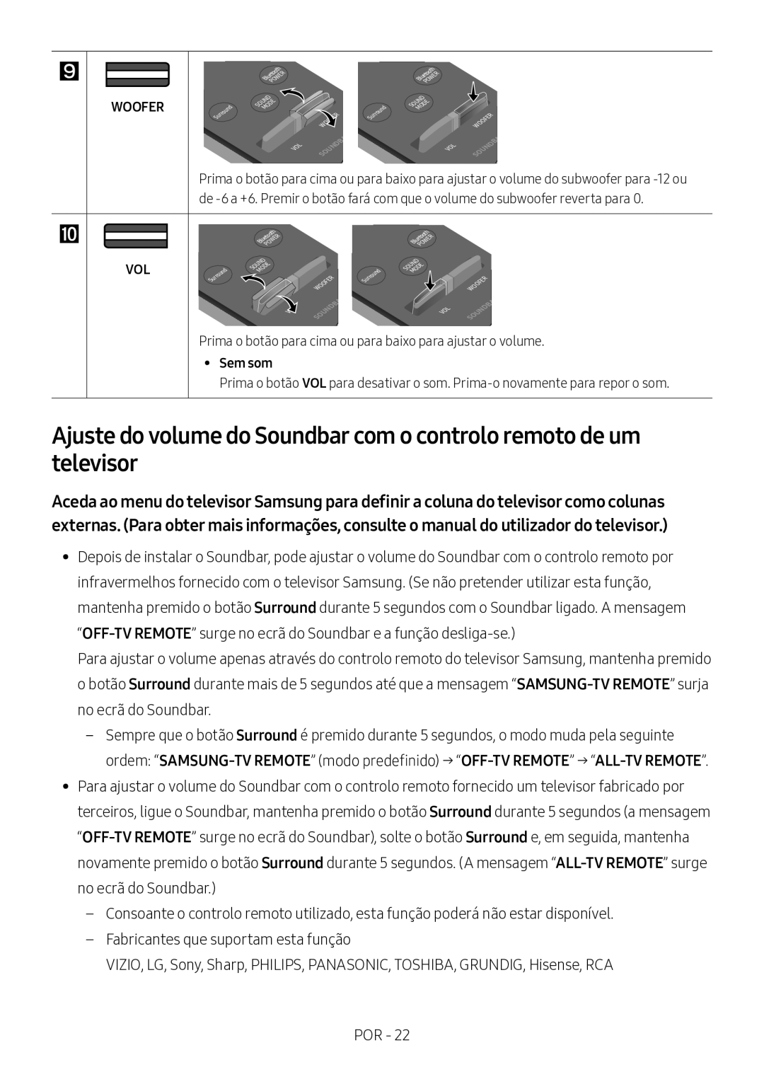 Samsung HW-M360/ZF, HW-M360/EN, HW-M360/ZG manual Prima o botão para cima ou para baixo para ajustar o volume, Sem som 