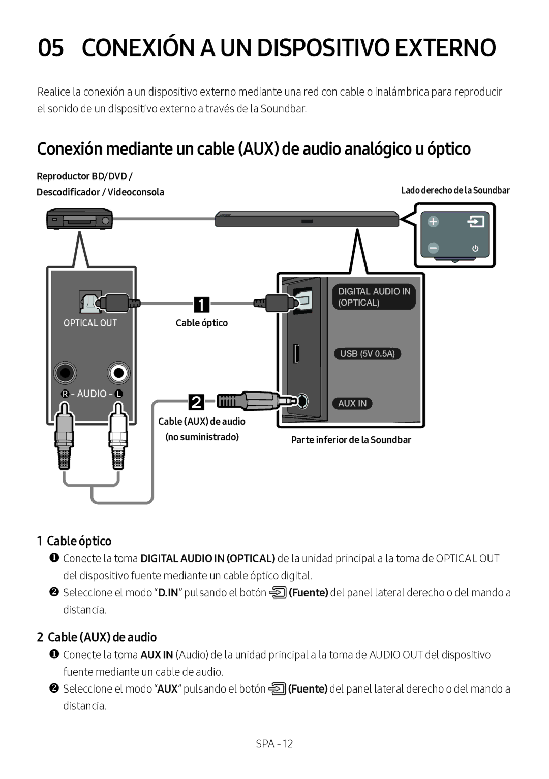 Samsung HW-M360/EN manual Conexión mediante un cable AUX de audio analógico u óptico, Cable óptico, Cable AUX de audio 