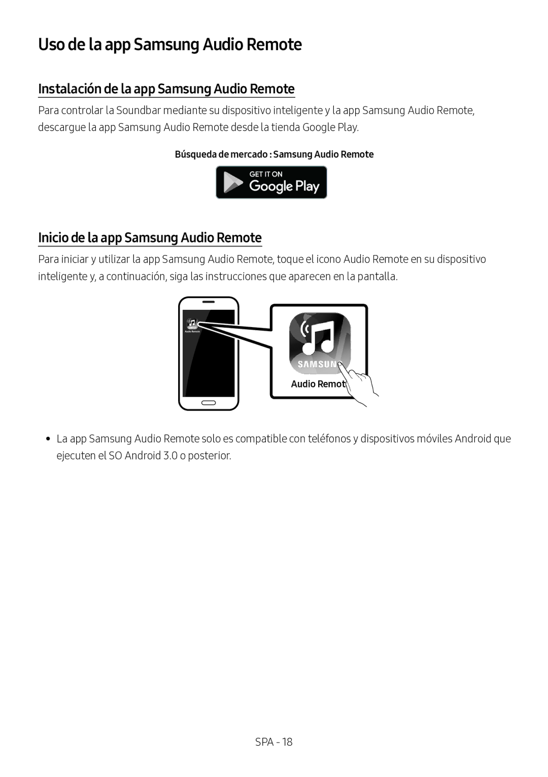 Samsung HW-M360/EN, HW-M360/ZG, HW-M360/ZF Uso de la app Samsung Audio Remote, Instalación de la app Samsung Audio Remote 