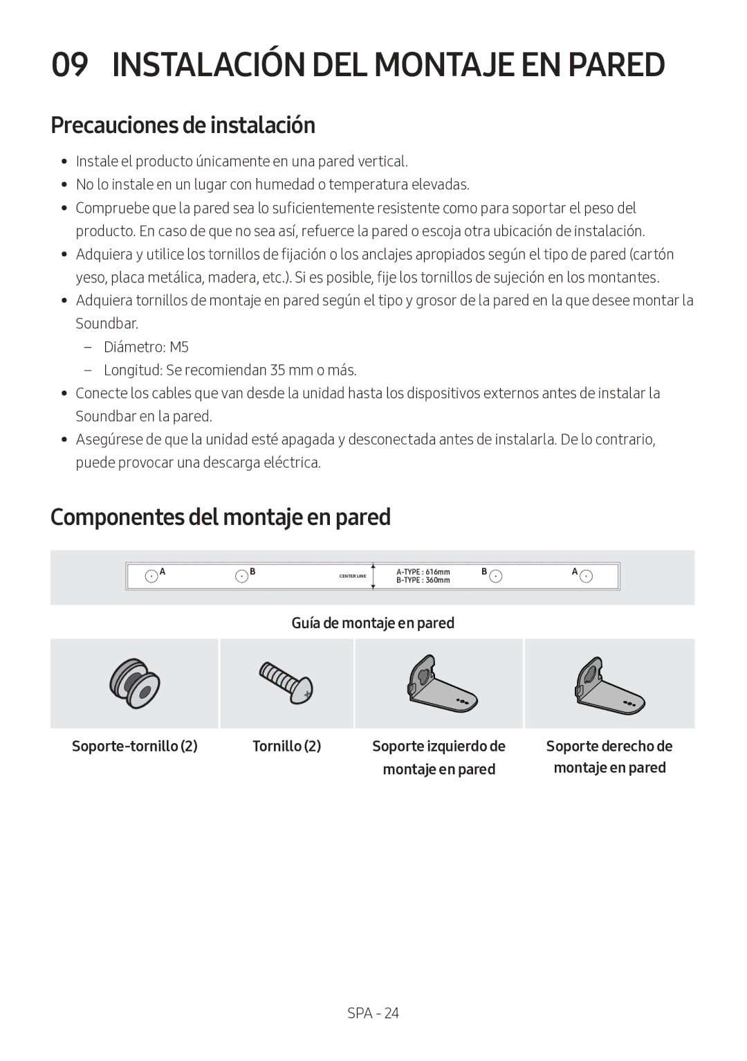 Samsung HW-M360/EN, HW-M360/ZG, HW-M360/ZF manual Precauciones de instalación, Componentes del montaje en pared 