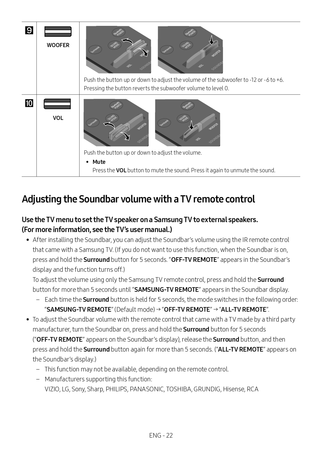 Samsung HW-M360/ZF Adjusting the Soundbar volume with a TV remote control, Push the button up or down to adjust the volume 