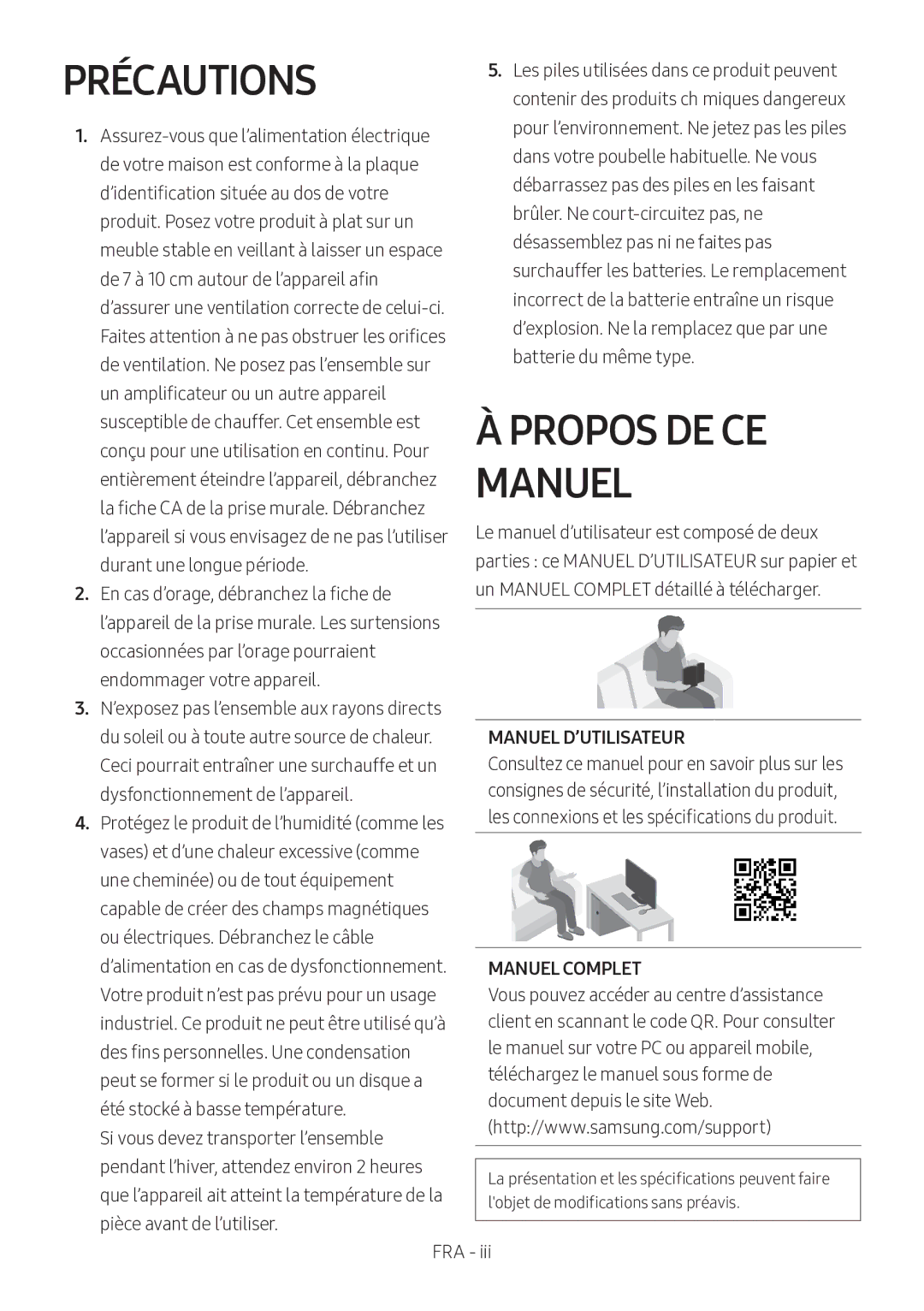 Samsung HW-M360/ZF, HW-M360/EN, HW-M360/ZG manual Précautions, Propos DE CE Manuel, Manuel D’UTILISATEUR, Manuel Complet 