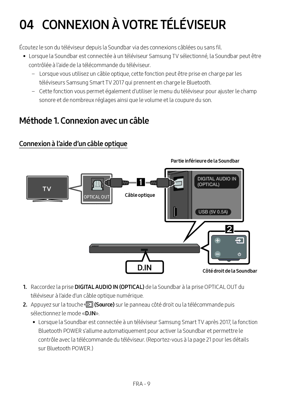 Samsung HW-M360/EN Connexion À Votre Téléviseur, Méthode 1. Connexion avec un câble, Connexion à l’aide d’un câble optique 