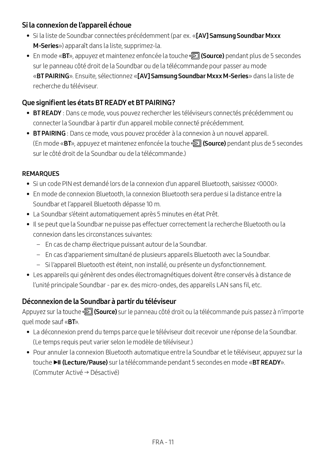 Samsung HW-M360/ZF, HW-M360/EN manual Si la connexion de l’appareil échoue, Que signifient les états BT Ready et BT PAIRING? 