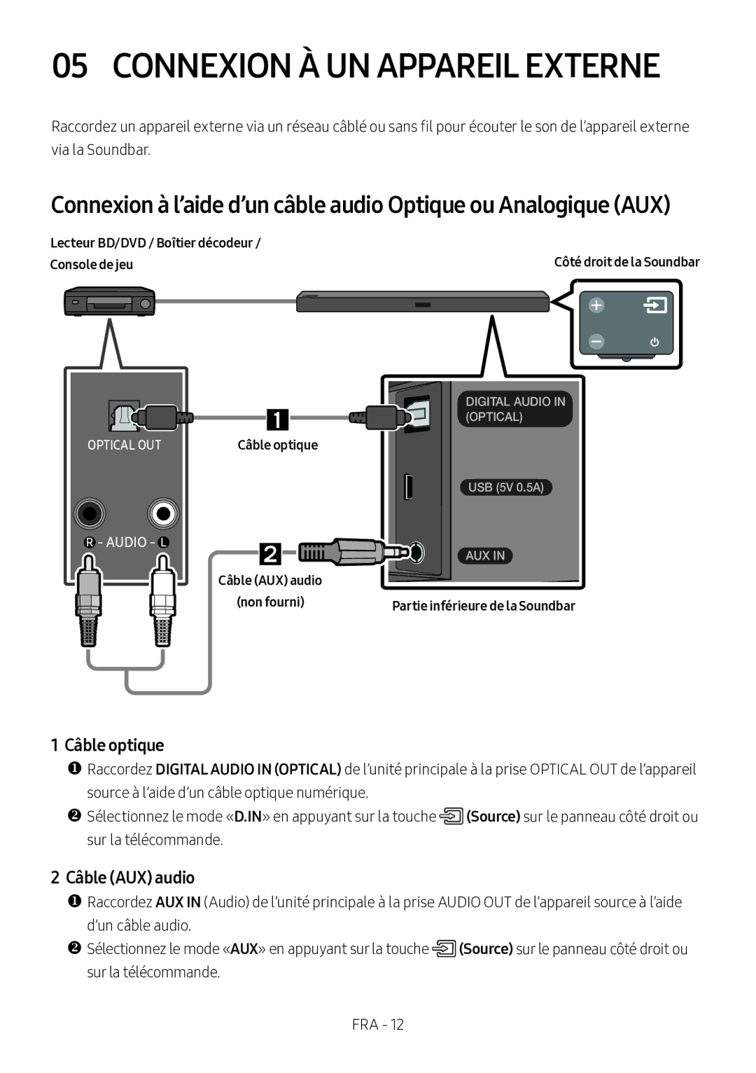 Samsung HW-M360/EN, HW-M360/ZG, HW-M360/ZF manual Connexion À UN Appareil Externe, Câble optique, Câble AUX audio 