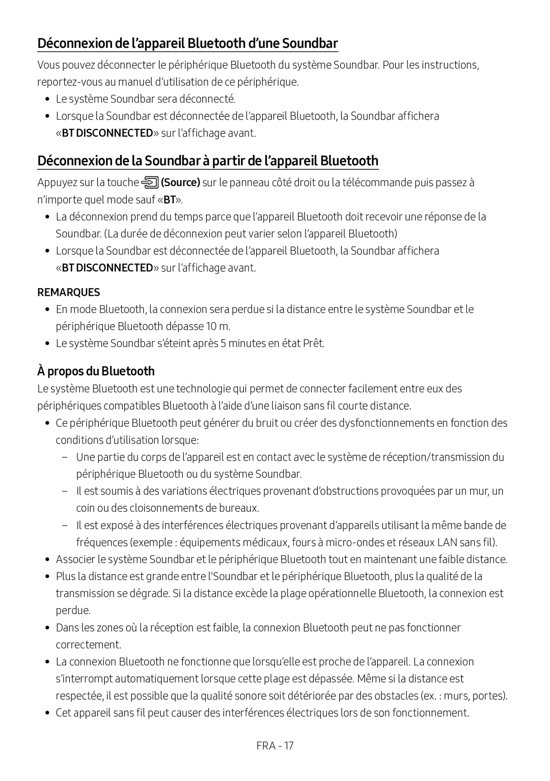 Samsung HW-M360/ZF, HW-M360/EN, HW-M360/ZG manual Déconnexion de l’appareil Bluetooth d’une Soundbar, Propos du Bluetooth 