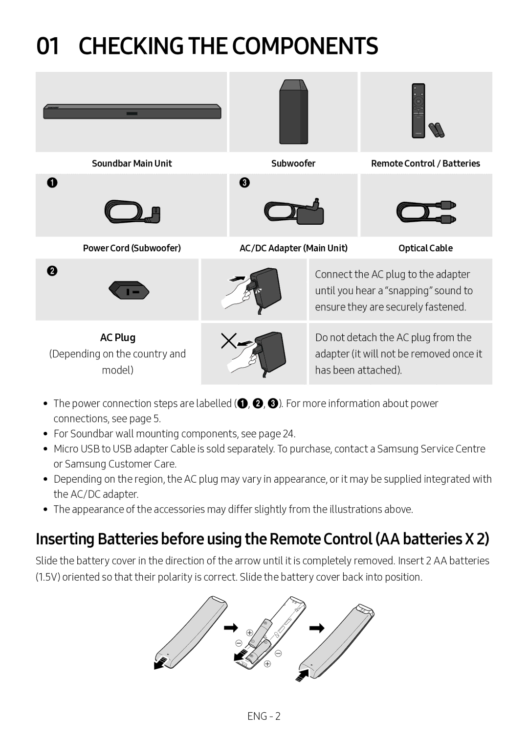 Samsung HW-M360/EN, HW-M360/ZG Checking the Components, Soundbar Main Unit Power Cord Subwoofer, AC/DC Adapter Main Unit 