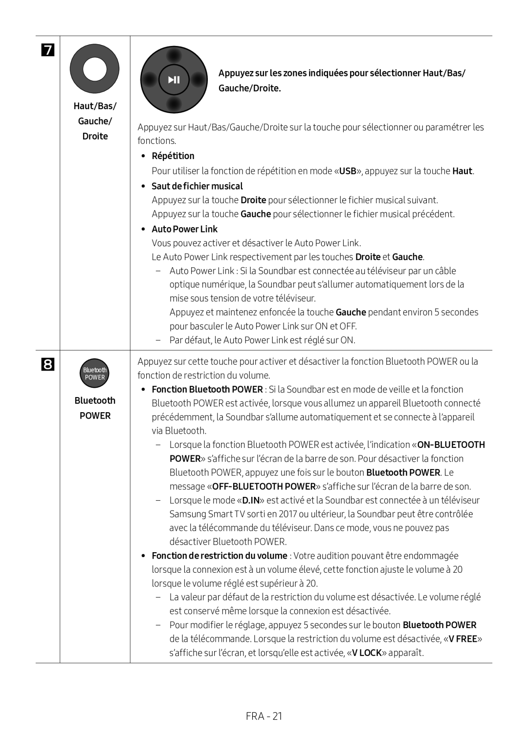 Samsung HW-M360/EN, HW-M360/ZG, HW-M360/ZF manual Haut/Bas Gauche/Droite, Répétition, Saut de fichier musical 