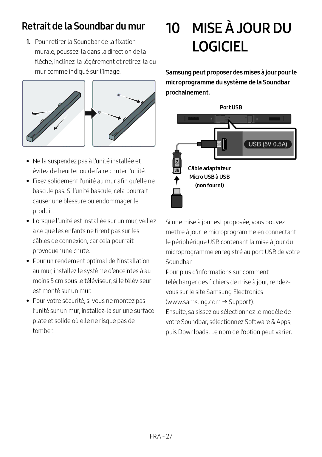 Samsung HW-M360/EN, HW-M360/ZG, HW-M360/ZF manual Mise À Jour DU Logiciel, Retrait de la Soundbar du mur, Port USB 