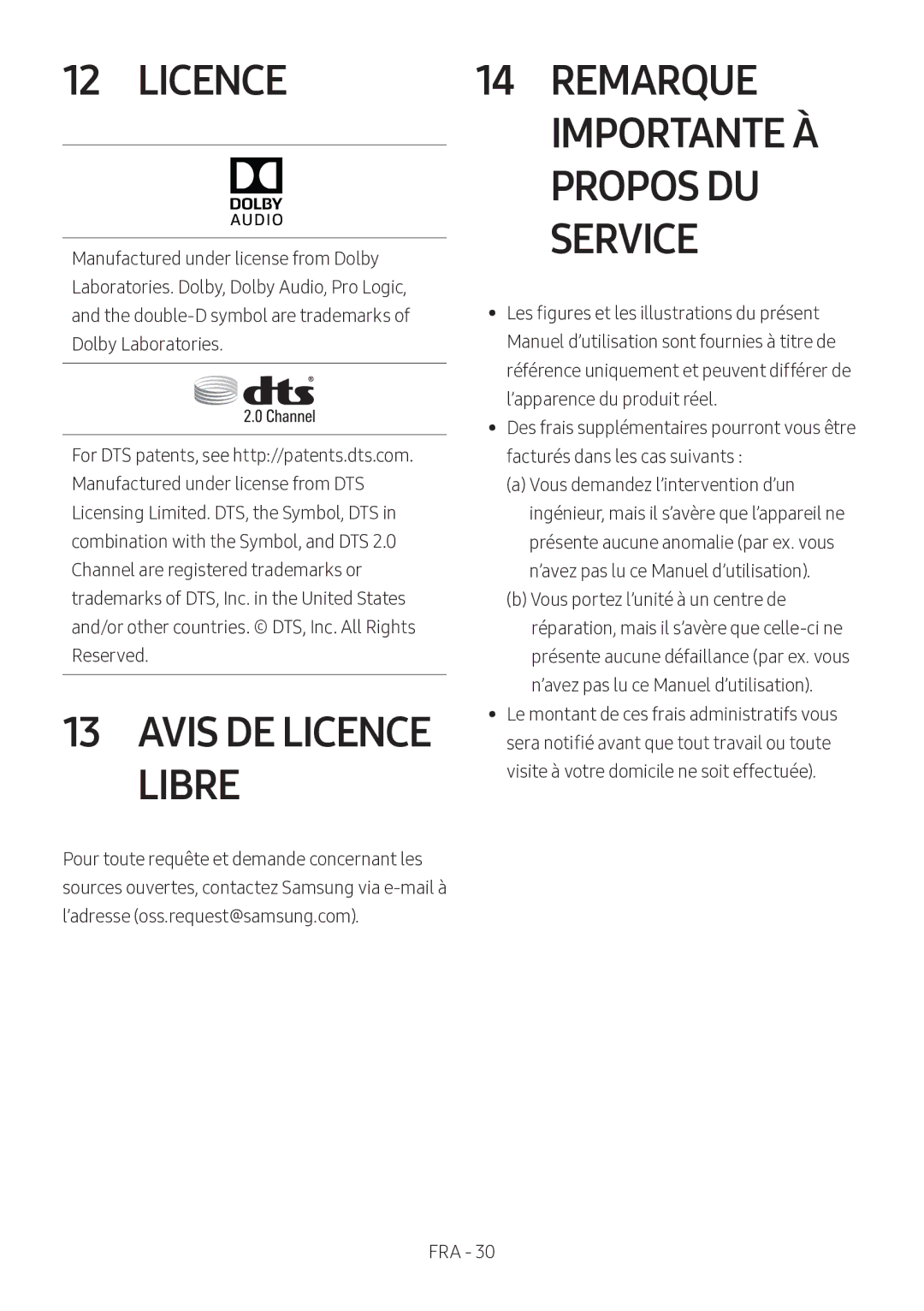 Samsung HW-M360/EN, HW-M360/ZG, HW-M360/ZF manual Remarque Importante À Propos DU Service, Avis DE Licence Libre 