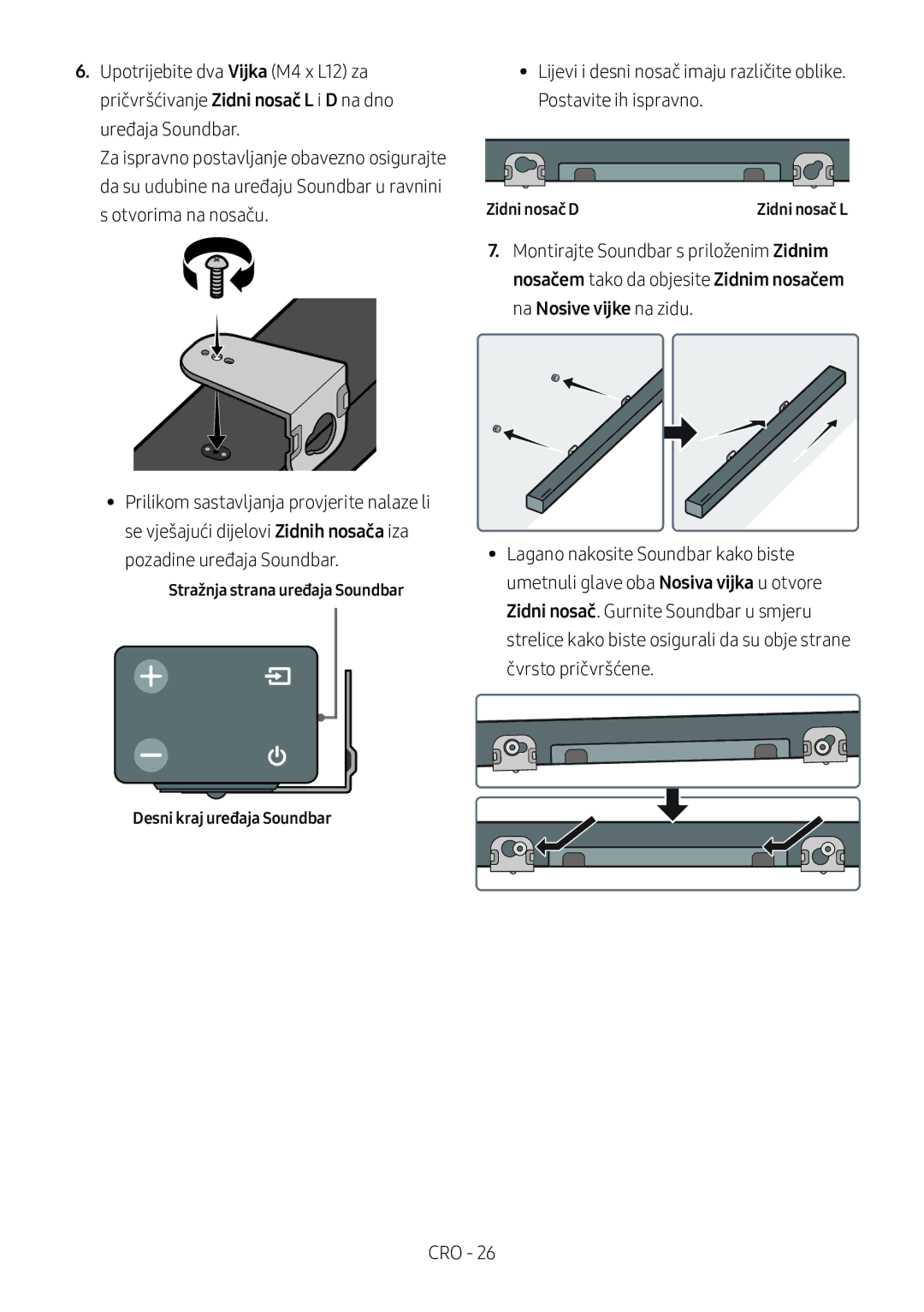 Samsung HW-M360/ZG, HW-M360/EN, HW-M360/ZF manual Stražnja strana uređaja Soundbar Desni kraj uređaja Soundbar, Zidni nosač D 