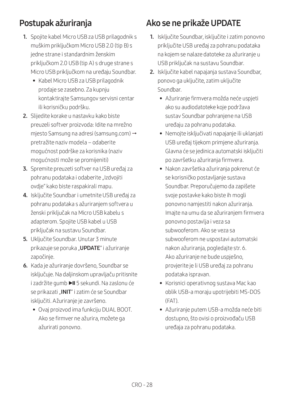 Samsung HW-M360/EN, HW-M360/ZG, HW-M360/ZF manual Postupak ažuriranja, Ako se ne prikaže Update 