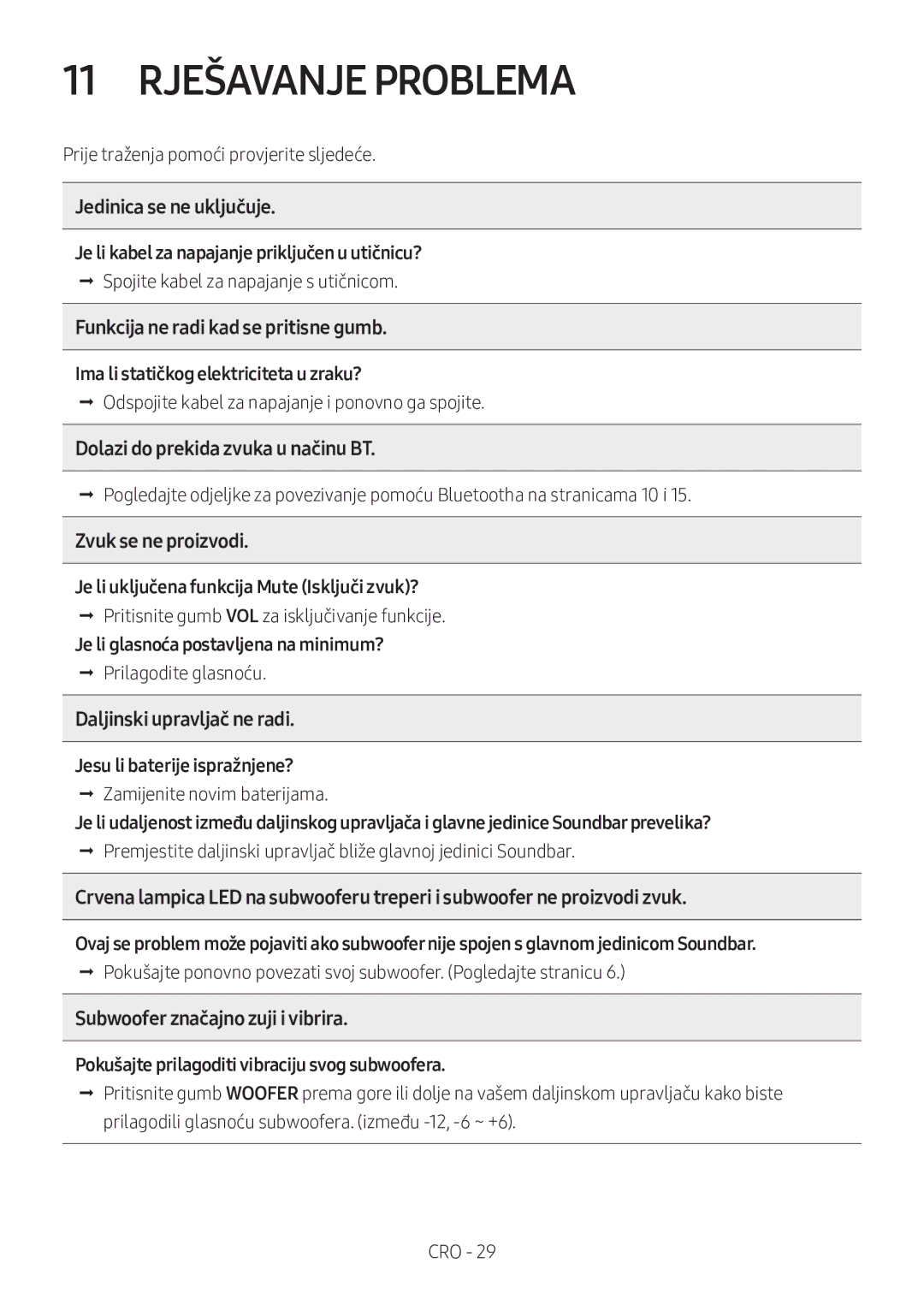 Samsung HW-M360/ZG, HW-M360/EN, HW-M360/ZF manual 11 Rješavanje Problema 