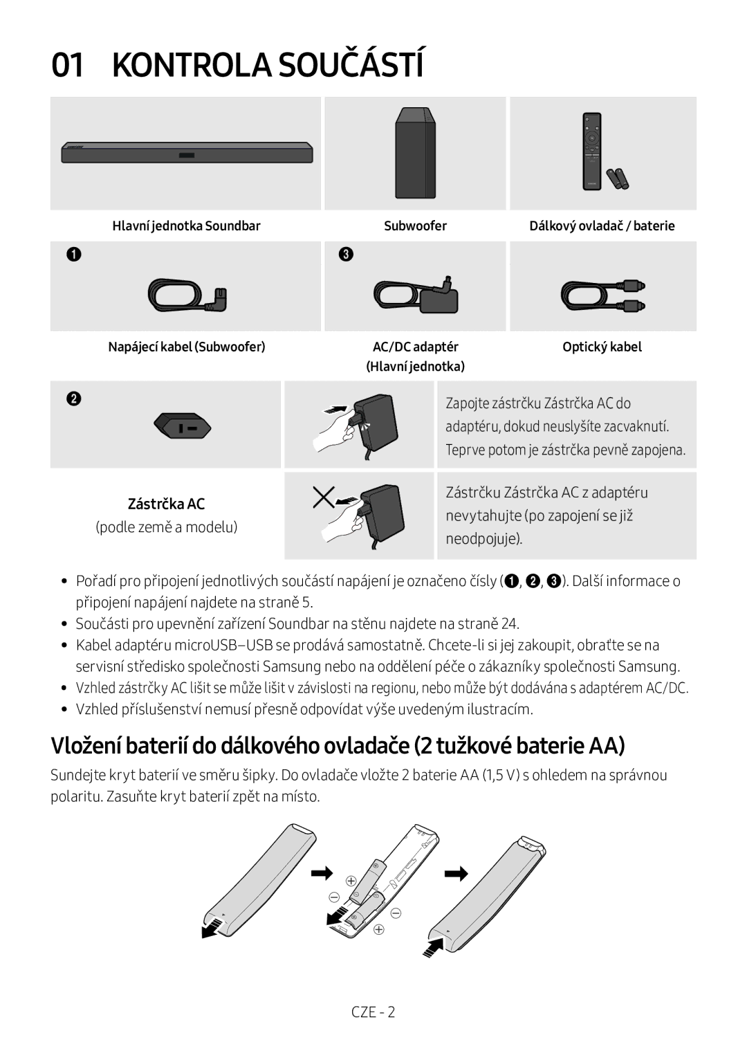 Samsung HW-M360/EN Kontrola Součástí, Vložení baterií do dálkového ovladače 2 tužkové baterie AA, Podle země a modelu 