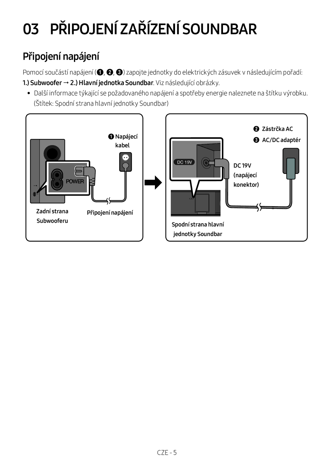 Samsung HW-M360/EN, HW-M360/ZG, HW-M360/ZF manual 03 Připojení Zařízení Soundbar, Připojení napájení 