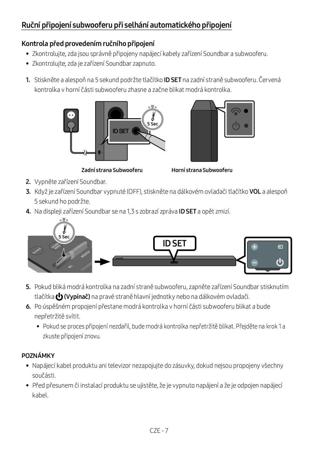 Samsung HW-M360/ZF, HW-M360/EN, HW-M360/ZG Kontrola před provedením ručního připojení, Poznámky, Zadní strana Subwooferu 