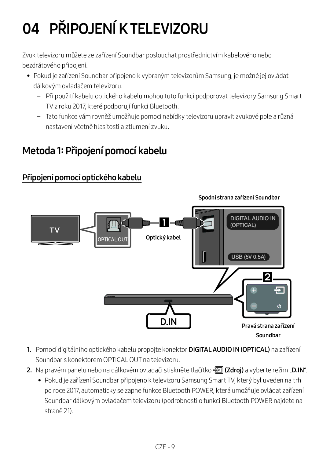 Samsung HW-M360/ZG manual 04 Připojení K Televizoru, Metoda 1 Připojení pomocí kabelu, Připojení pomocí optického kabelu 