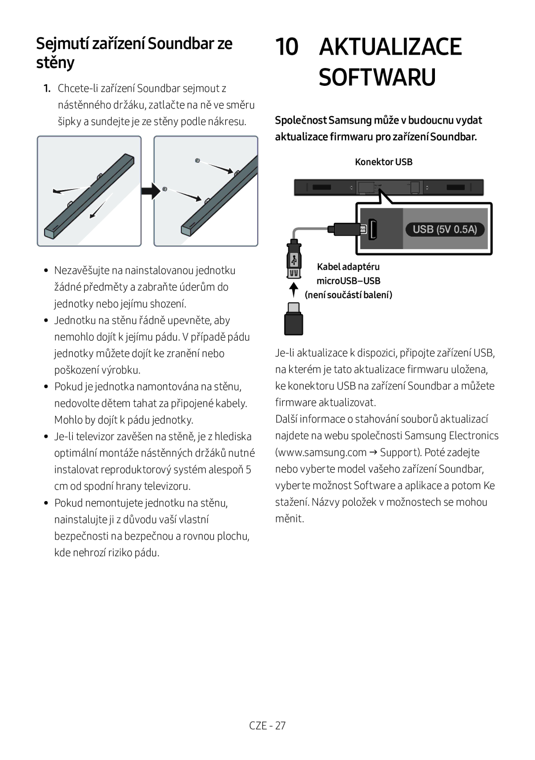 Samsung HW-M360/ZG, HW-M360/EN, HW-M360/ZF manual Sejmutí zařízení Soundbar ze stěny, Konektor USB 