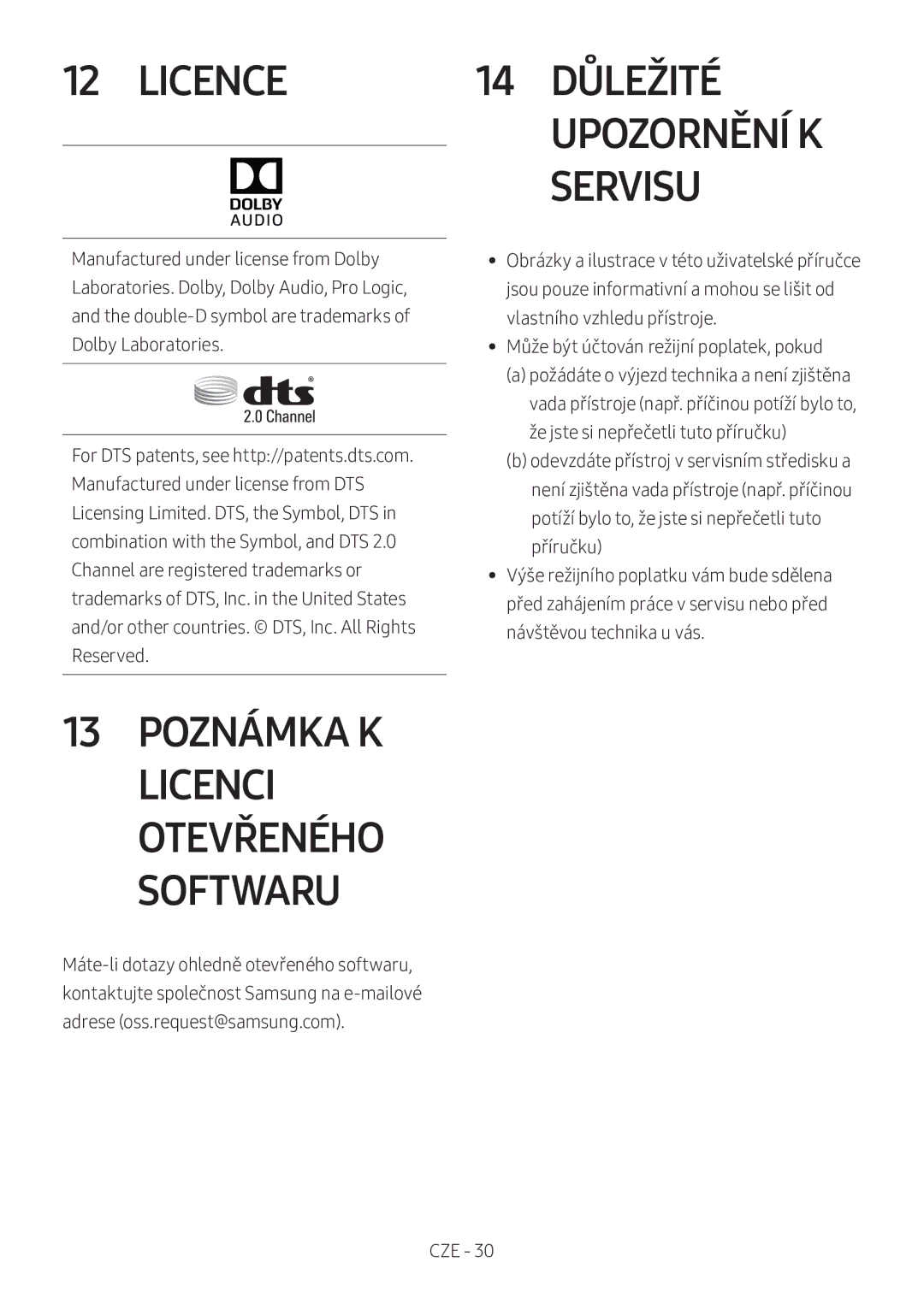 Samsung HW-M360/ZG, HW-M360/EN, HW-M360/ZF manual 14 Důležité Upozornění K Servisu, Poznámka K Licenci Otevřeného Softwaru 